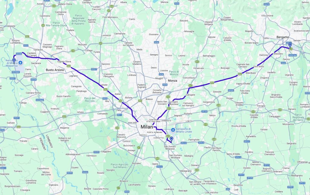 Milan airports roads Malpensa Linate Bergamo
